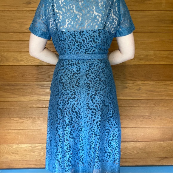 Vintage blue lace handmade A-line belted dress - Picture 3 of 11